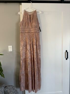R&M Richards Rose Gold Metallic Evening Dress with Embellished Waist